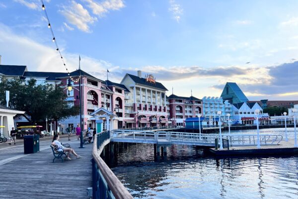 Disney's BoardWalk Inn resort with colorful buildings and a waterfront promenade