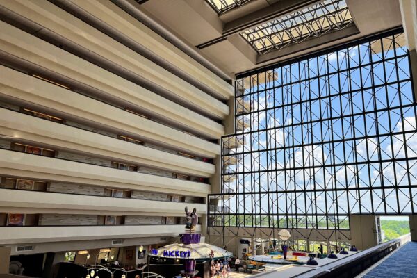 Grand Floridian Resort lobby with Mickey's Bar, atrium, and large window