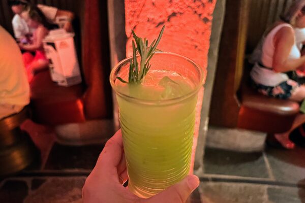 Green cocktail with rosemary garnish held in hand at a bar.