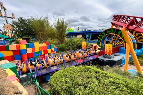 Slinky Dog Dash roller coaster with colorful Toy Story Land theming at Hollywood Studios