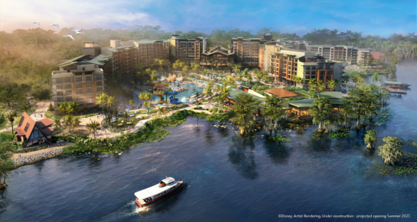 Disney's new resort artist rendering with pools, lake, and boat