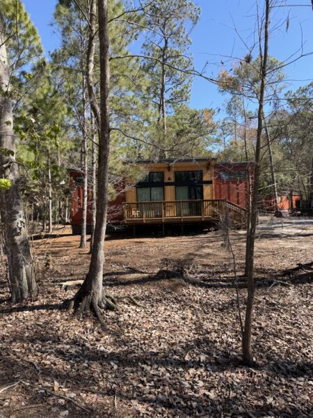Modern red cabin with wooden deck nestled in a pine forest