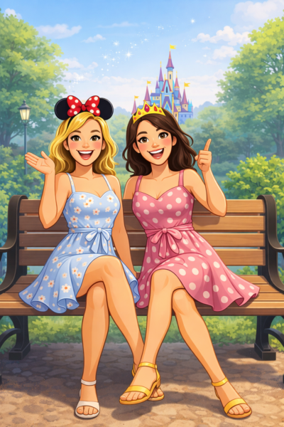 Planning the Mouse Skye and Arya on park bench with castle in background