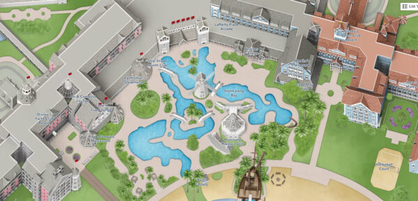 Aerial view of Disney's Yacht & Beach Club Resorts pools and dining