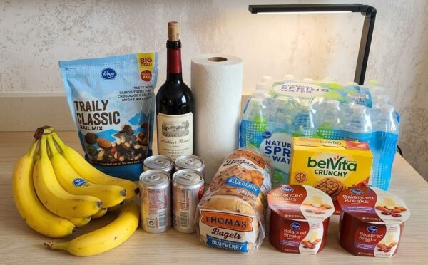 Groceries delivered to Disney World hotel: bananas, trail mix, wine, bagels, yogurt, water