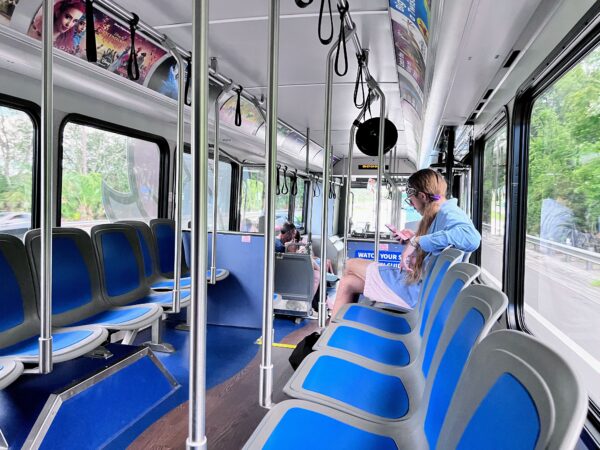 Woman on bus uses phone, blue seats visible