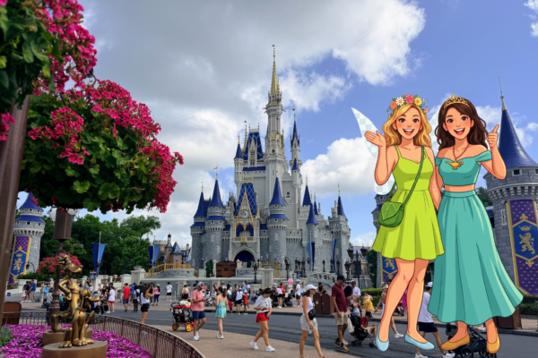 Adults enjoy Magic Kingdom's Cinderella Castle, with illustrated fairy characters.