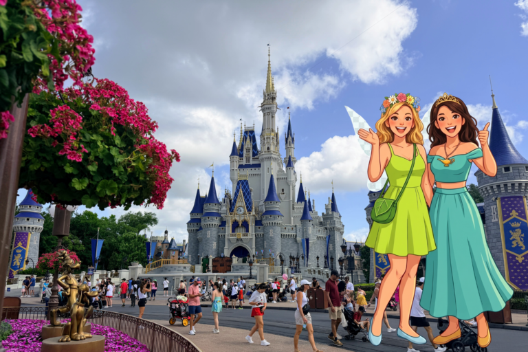 Adults enjoy Magic Kingdom's Cinderella Castle, with illustrated fairy characters.