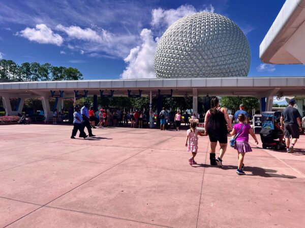 The front entrance of EPCOT with Spaceship Earth behind it.