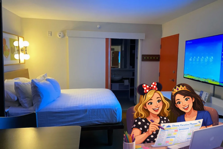Two women plan a Disney vacation in a hotel room.