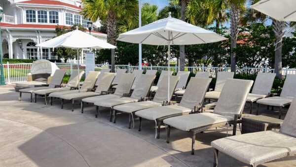 Disney Bachelorette weekend: lounge chairs and umbrellas by the pool