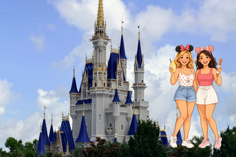 Two women in Mickey ears enjoy Disney World, with Cinderella Castle behind them.