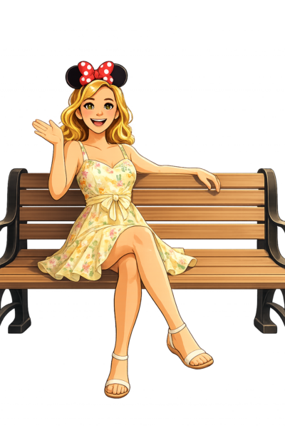 Arya Gold avatar in a floral dress and Minnie Mouse ears sitting on a park bench