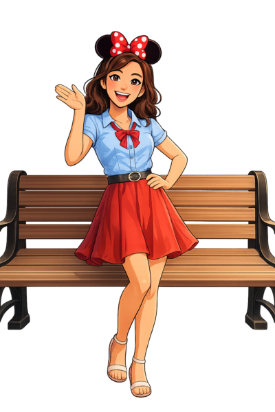 Skye Ellis avatar in red skirt and Minnie Mouse ears waving from a park bench
