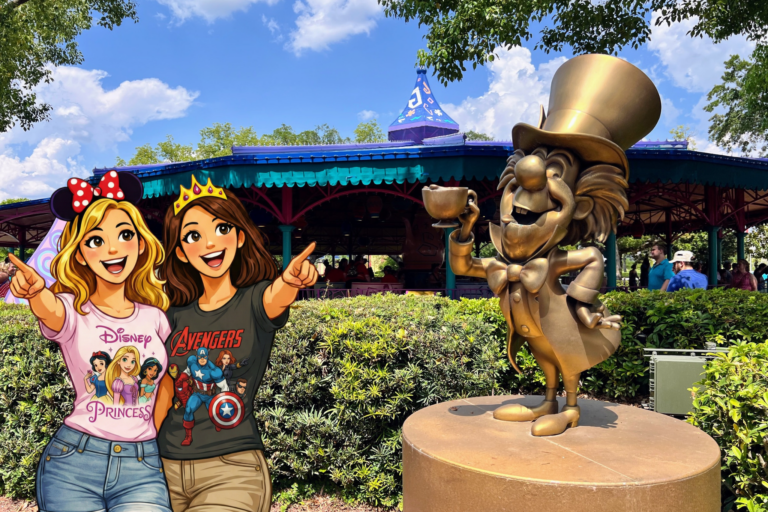 Two girls in Disney princess and Avengers shirts point at Mad Hatter statue at Disney World