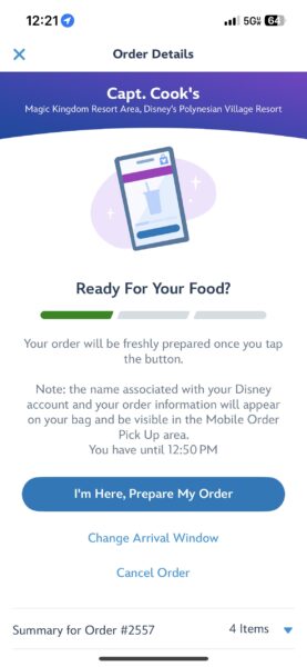 Capt. Cook's Mobile Order screen at Disney's Polynesian Village Resort