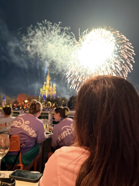 Disney World fireworks over Cinderella Castle, with guests watching