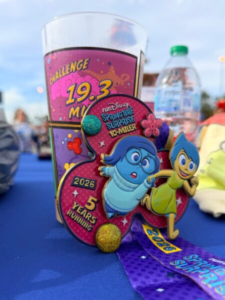 runDisney 19.3-mile challenge medal leaning on a souvenir race cup