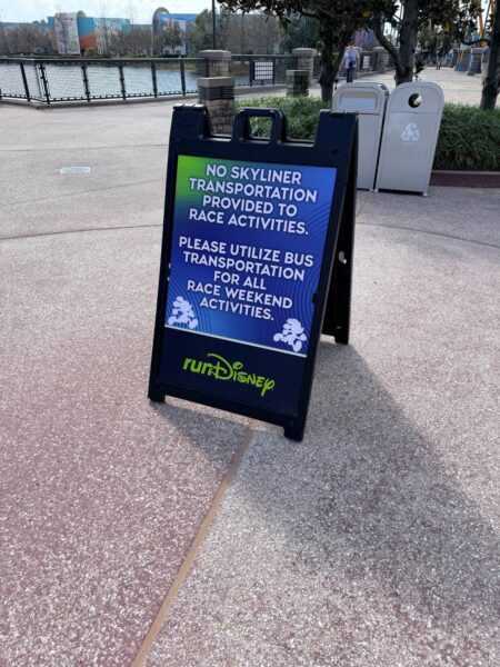 runDisney sign saying no Skyliner transportation is provided to race activities